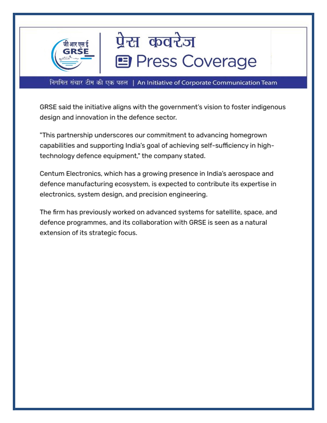 Press Coverage: 11 Oct 25:Deal signed to develop,boost high-technology navigation systems for Indian Navy